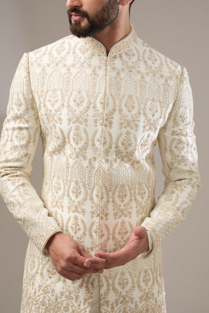 Ivory Zari Work Sherwani Set