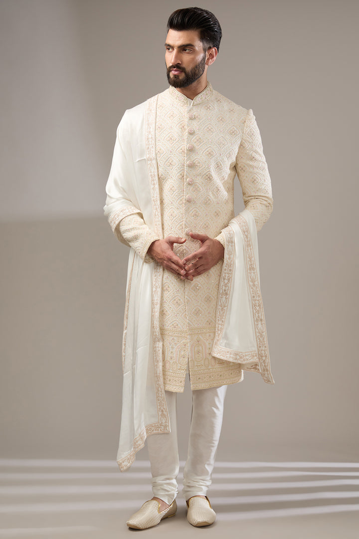 Ivory & Pink Accent Lucknowi Sherwani Set