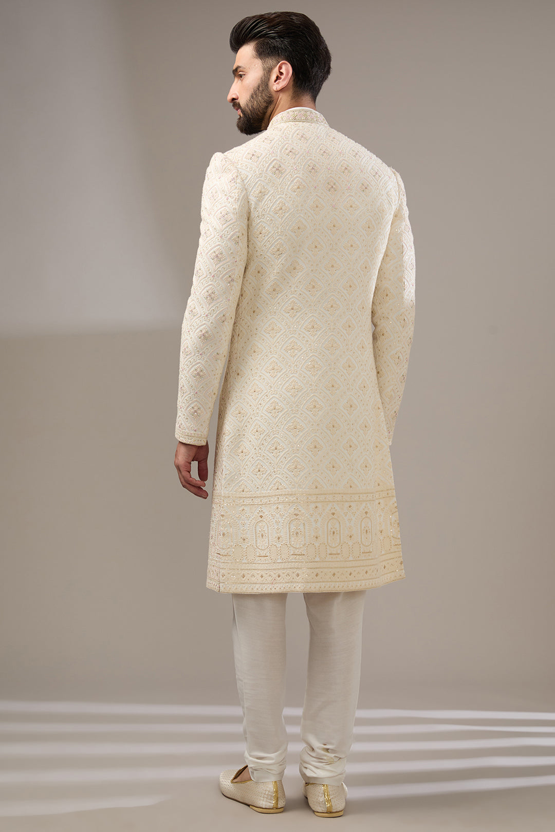 Ivory & Pink Accent Lucknowi Sherwani Set