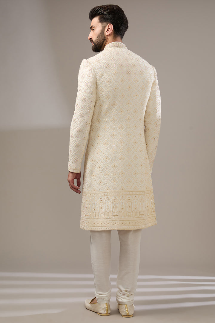 Ivory & Pink Accent Lucknowi Sherwani Set