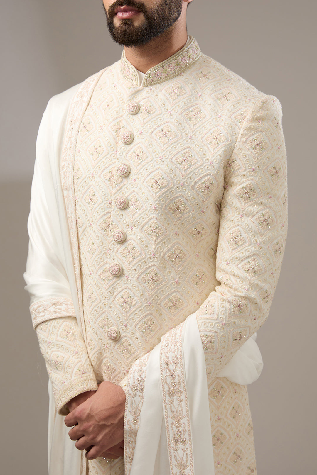 Ivory & Pink Accent Lucknowi Sherwani Set