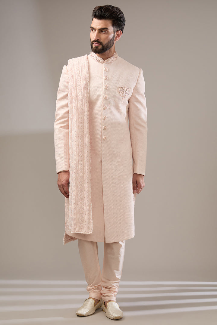 Embossed Peach Sherwani Set