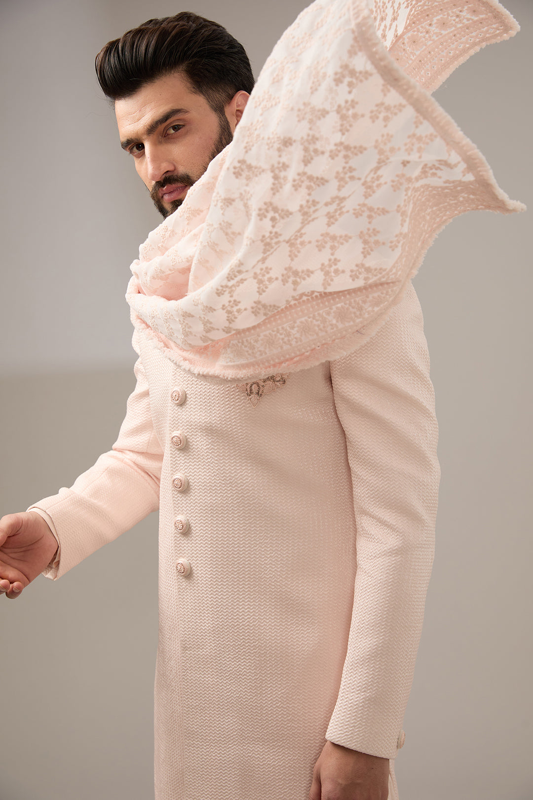 Embossed Peach Sherwani Set