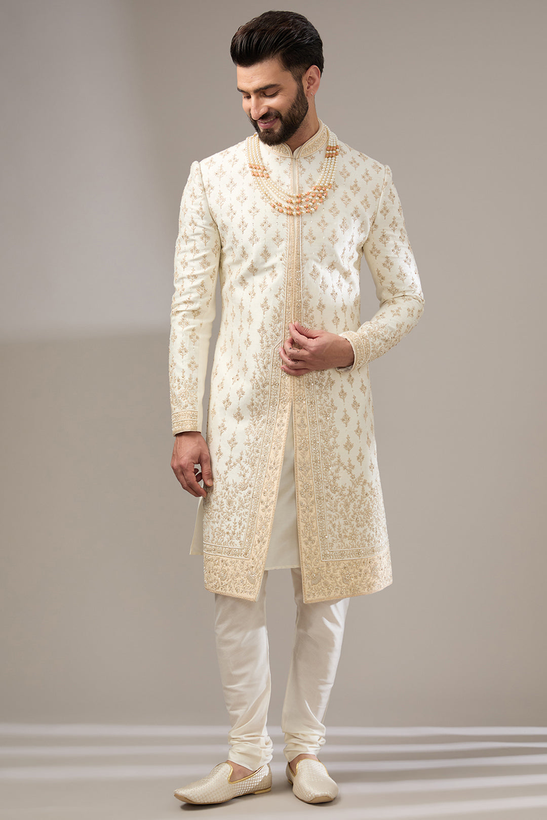 Cream Silk Threadwork Sherwani Set