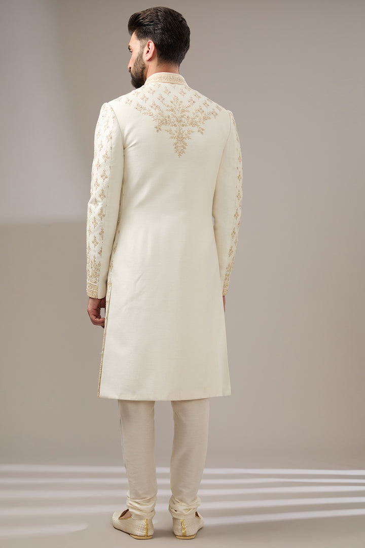 Cream Silk Threadwork Sherwani Set