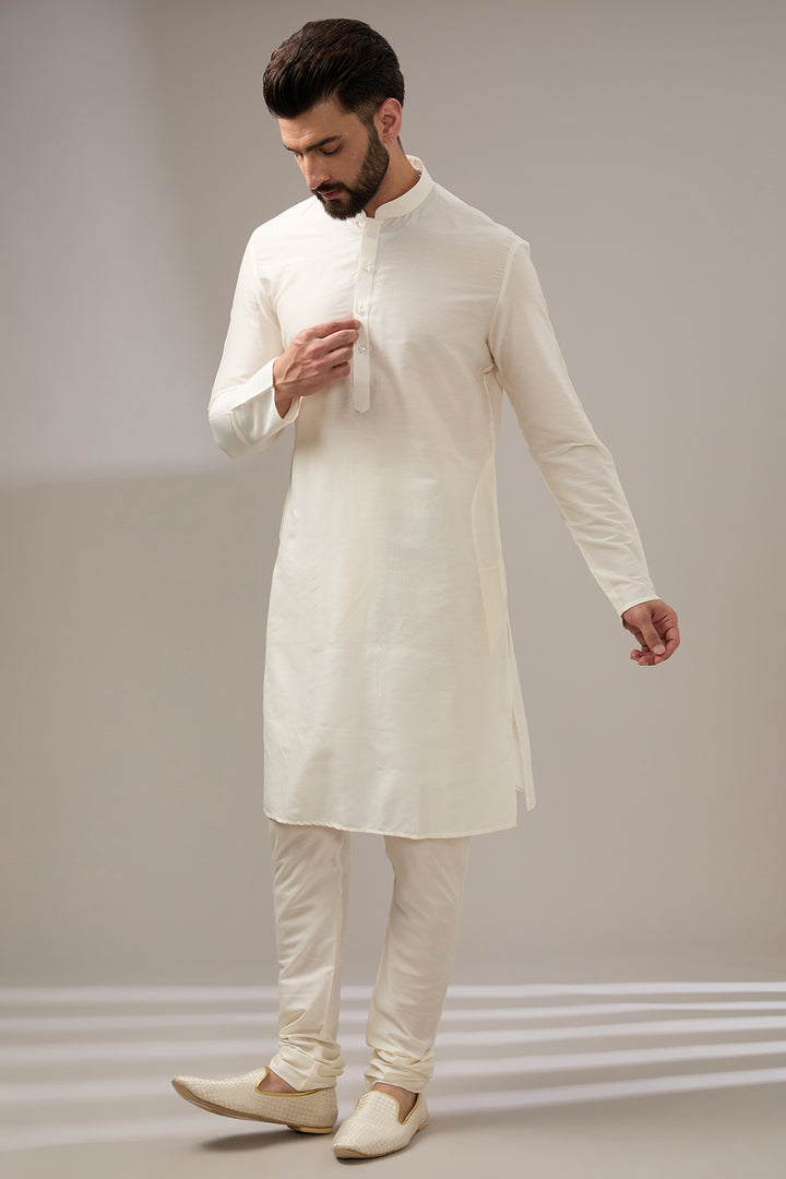 Cream Silk Threadwork Sherwani Set
