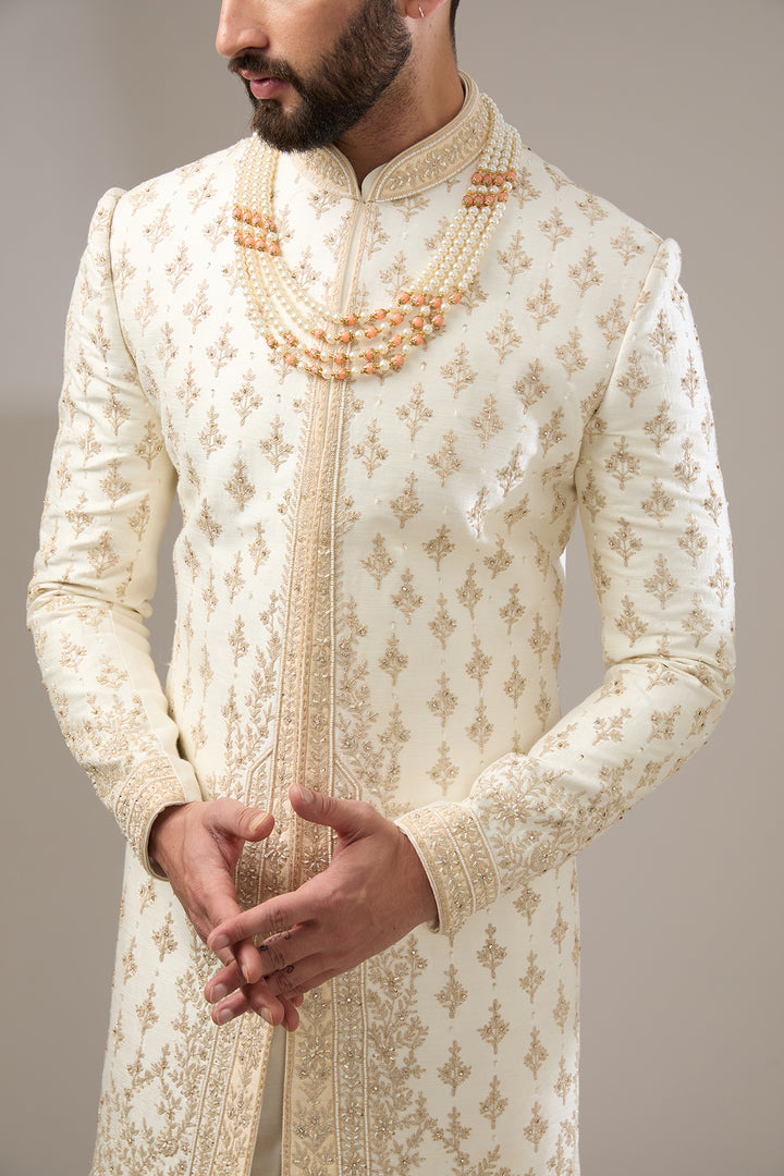 Cream Silk Threadwork Sherwani Set