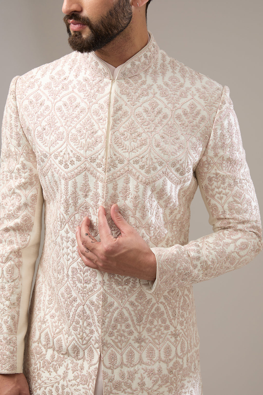 Pink Zari Embellished Sherwani Set