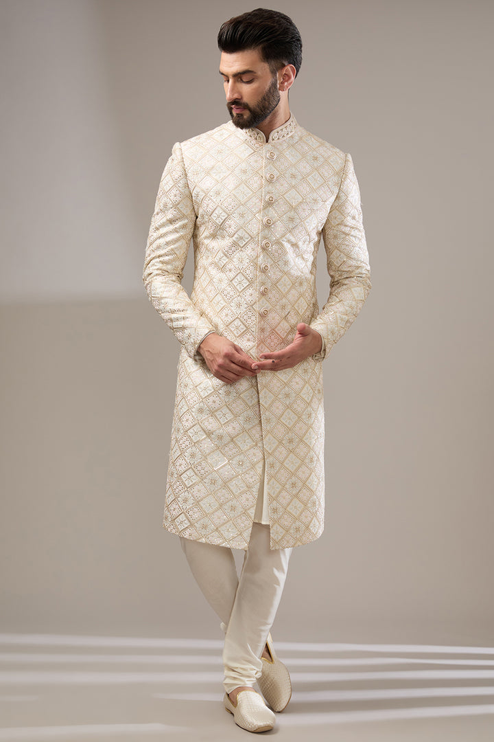 Cream Floral Geometric Sherwani Set