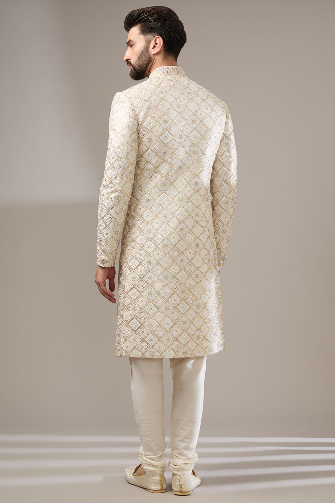 Cream Floral Geometric Sherwani Set