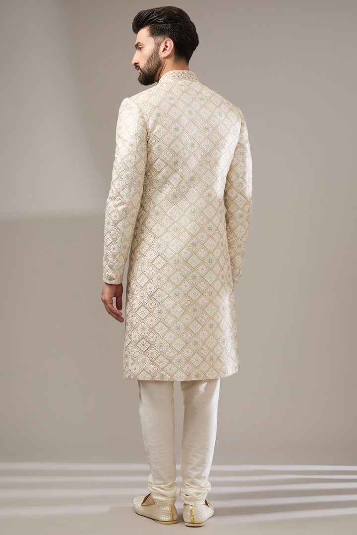 Cream Floral Geometric Sherwani Set