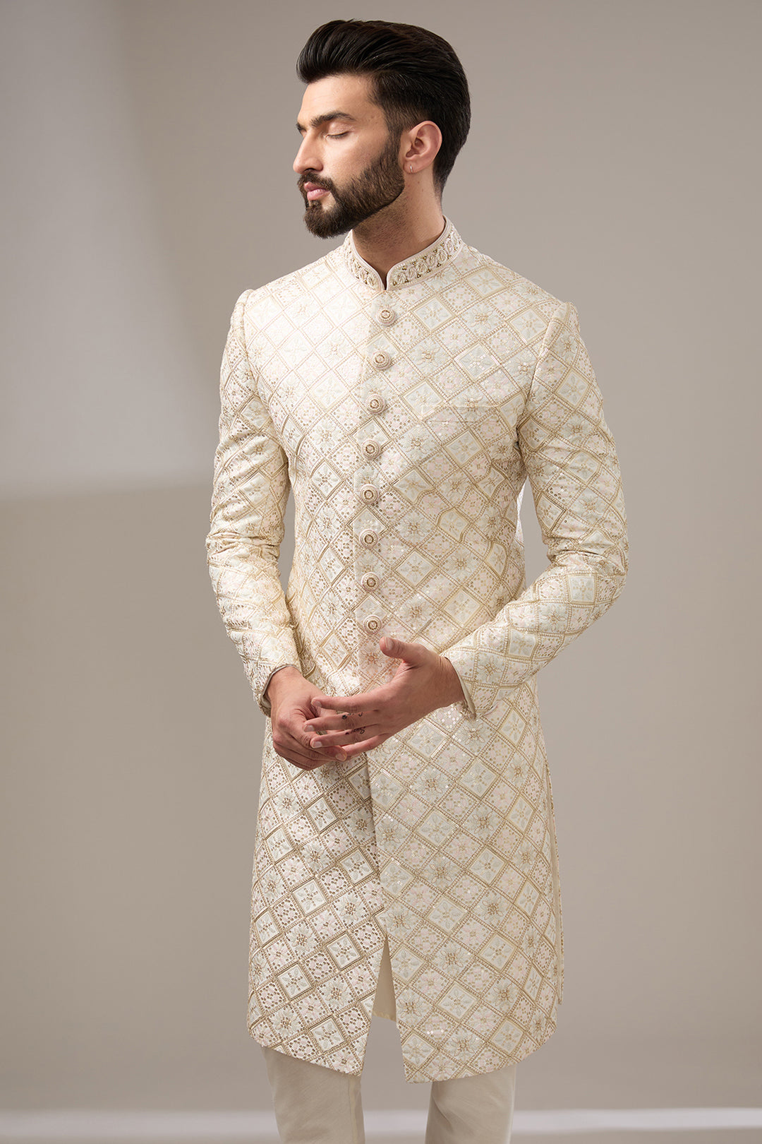 Cream Floral Geometric Sherwani Set