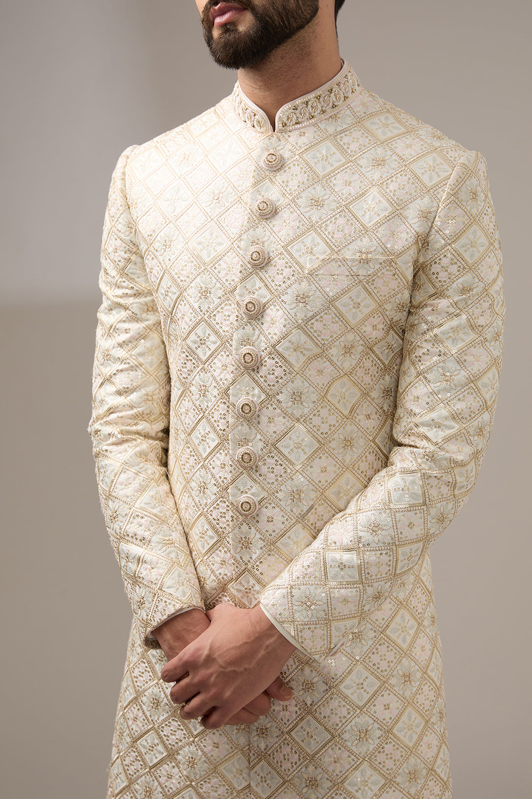 Cream Floral Geometric Sherwani Set