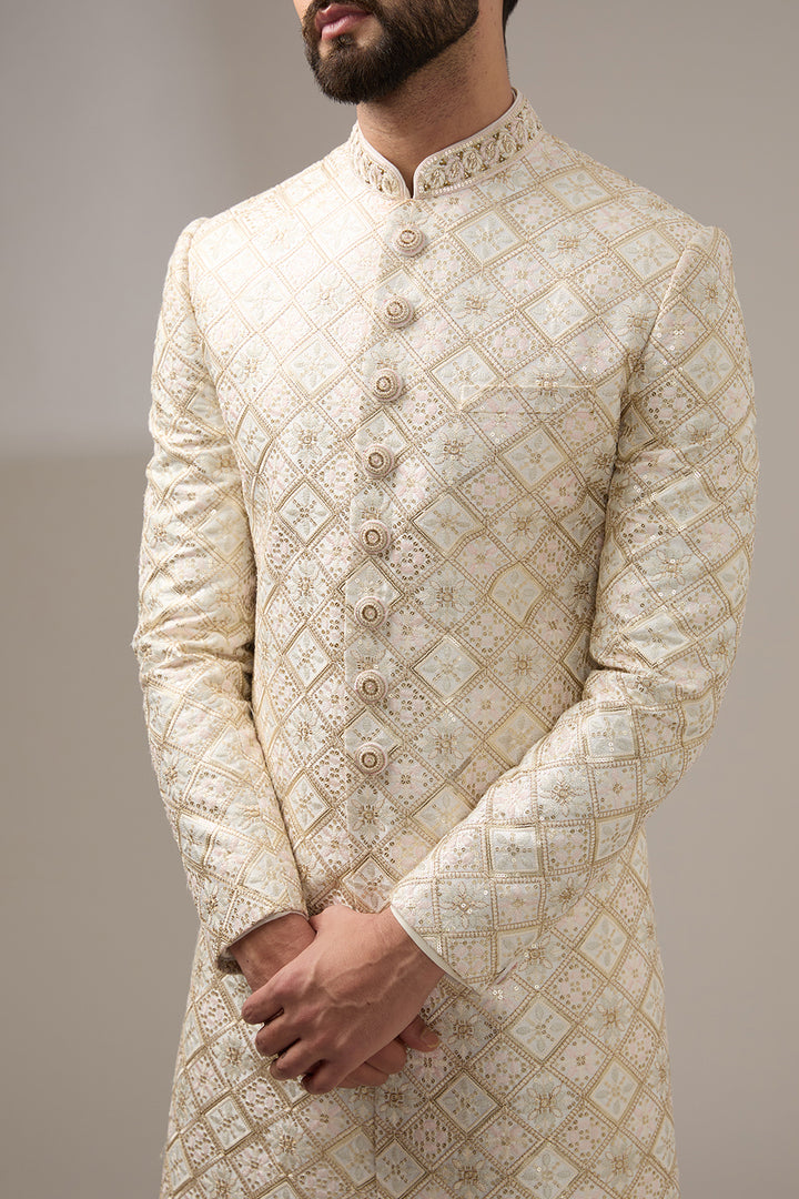 Cream Floral Geometric Sherwani Set