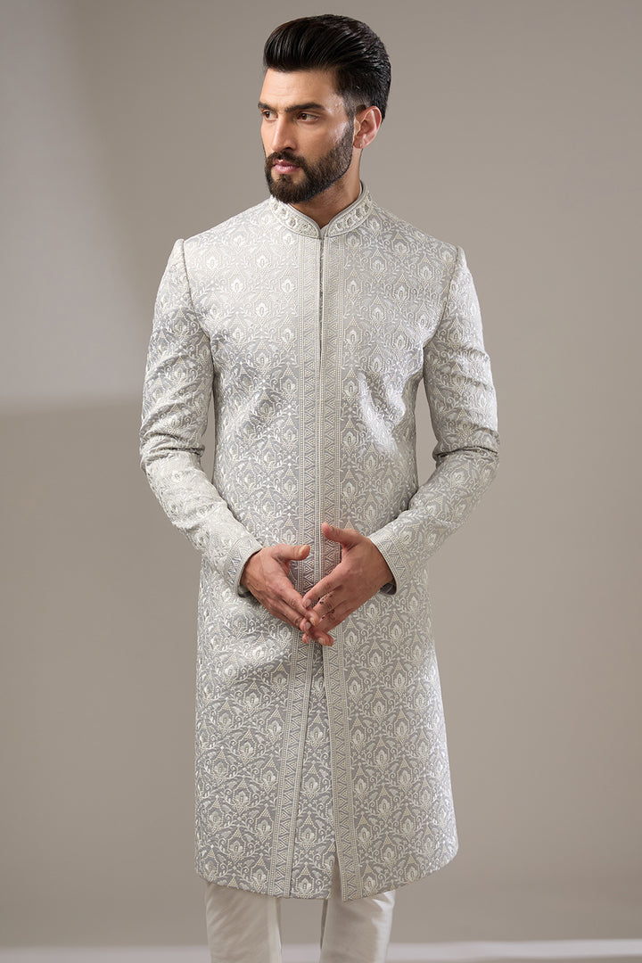 Grey Embroidered Sherwani Set