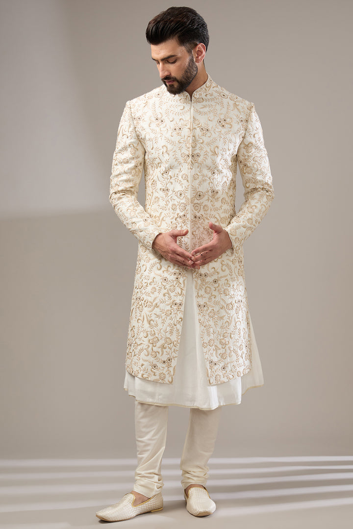 Ivory Floral Embellished Sherwani Set