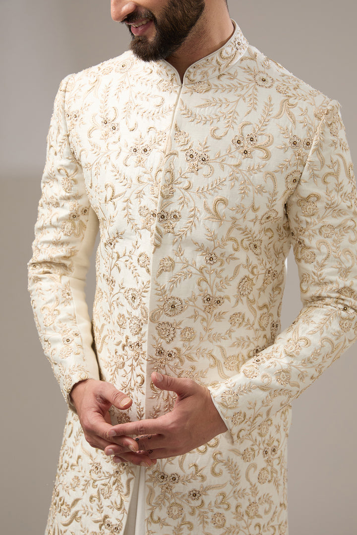 Ivory Floral Embellished Sherwani Set