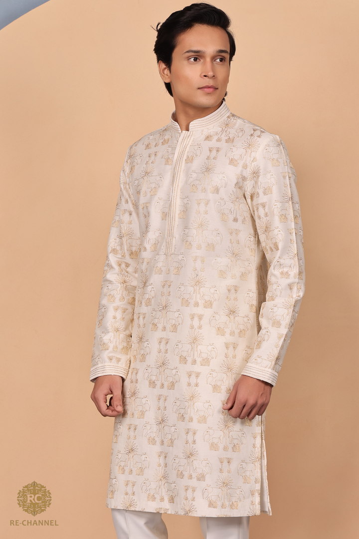 Cream Silk Zari Work kurta