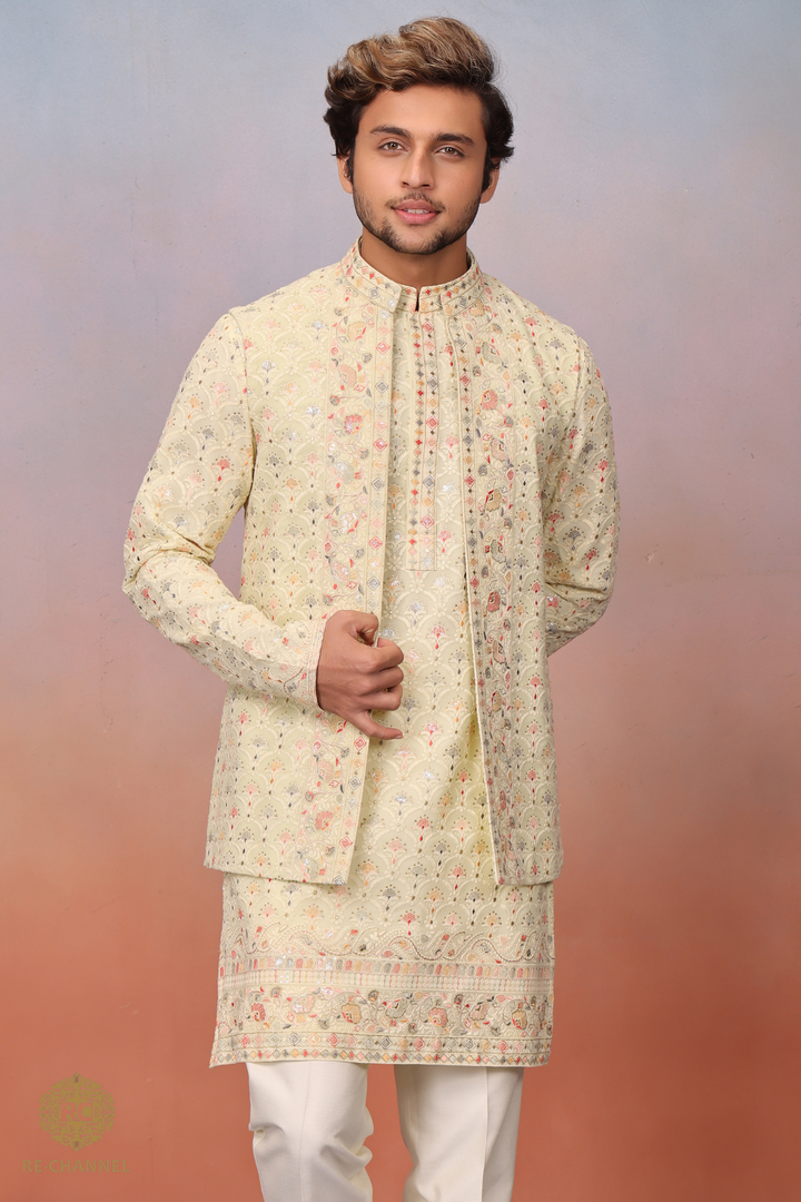 Lime yellow lucknowi bandi kurta set