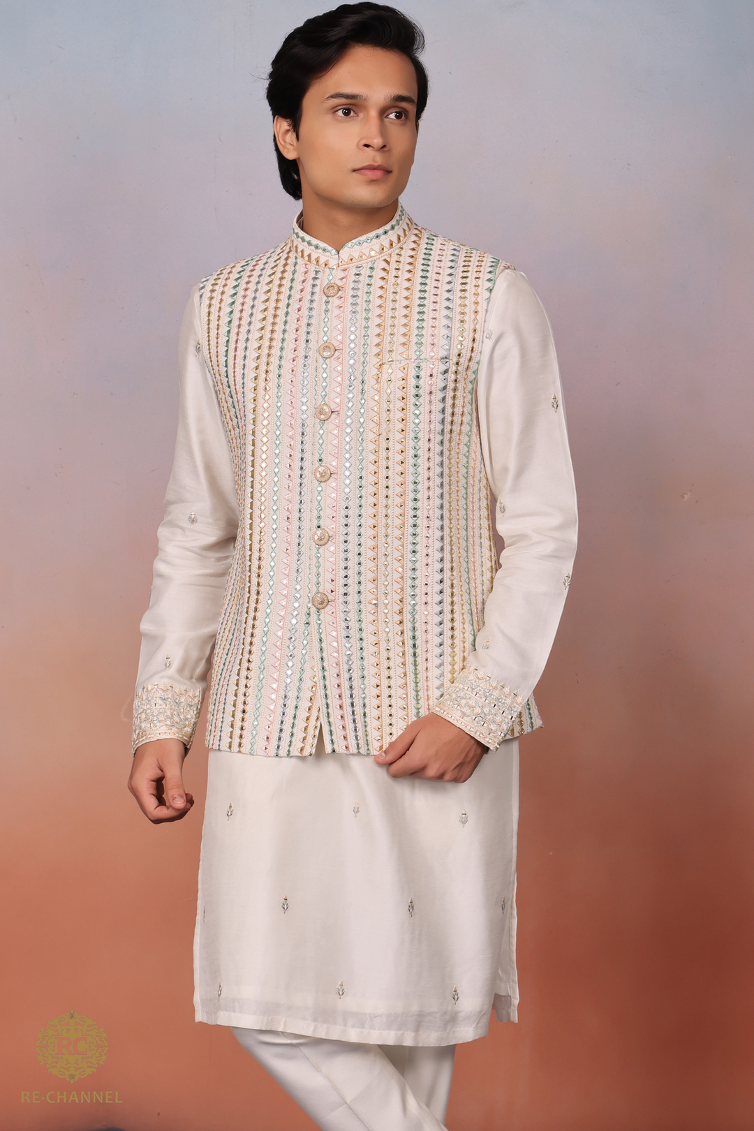 White Silk mirror work bandi kurta set