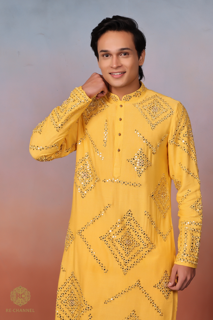 Sun Yellow Mirror work Kurta Set