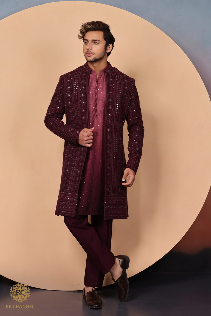 Wine Lucknowi Indo Western with ombre kurta
