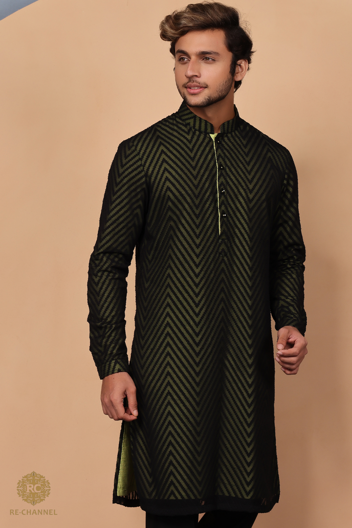 Black Brasso Kurta with Contrast Lime Lining