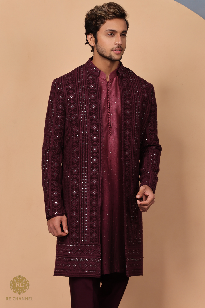 Wine Lucknowi Indo Western with ombre kurta