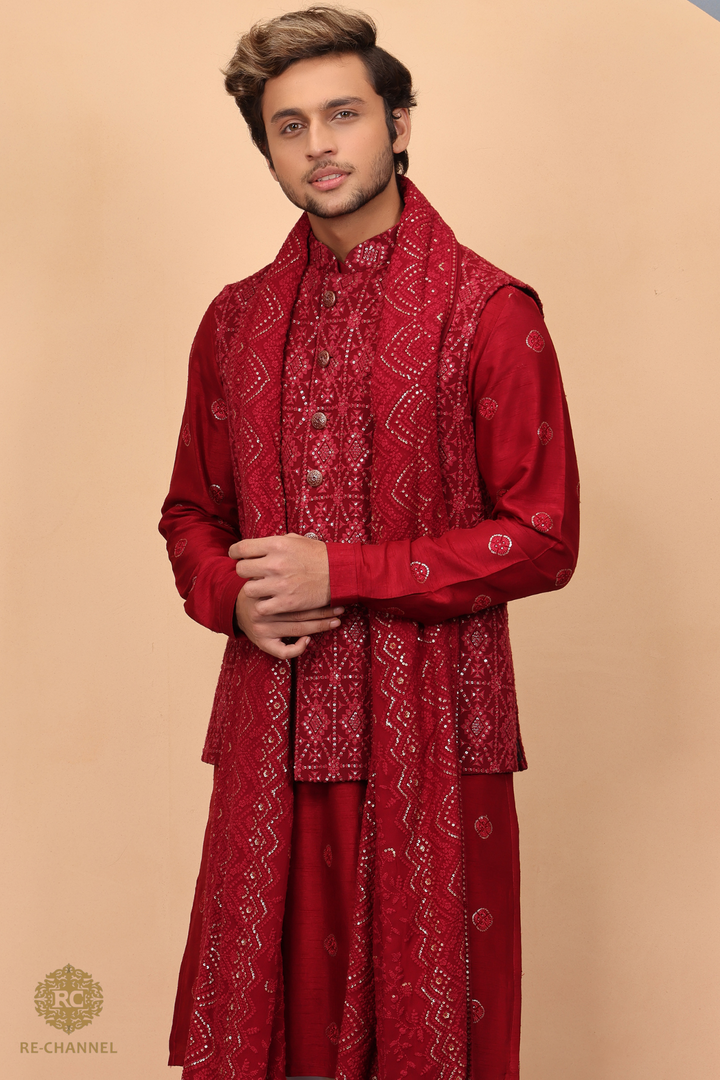 Red Lucknowi Bandi Kurta Set