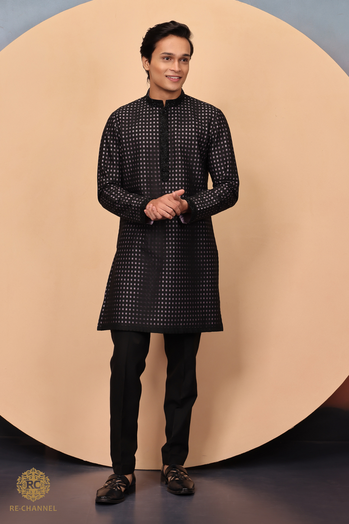 Black Brasso Kurta with Contrast Lilac Lining