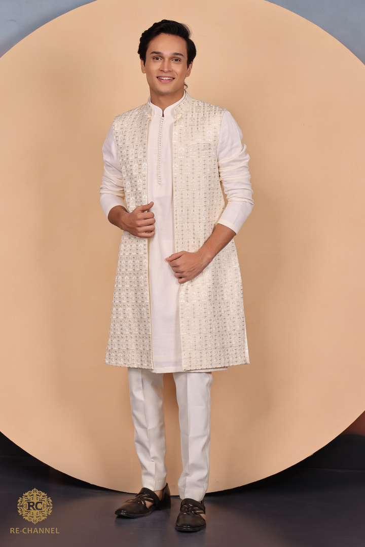 Cream open jacket with Kurta