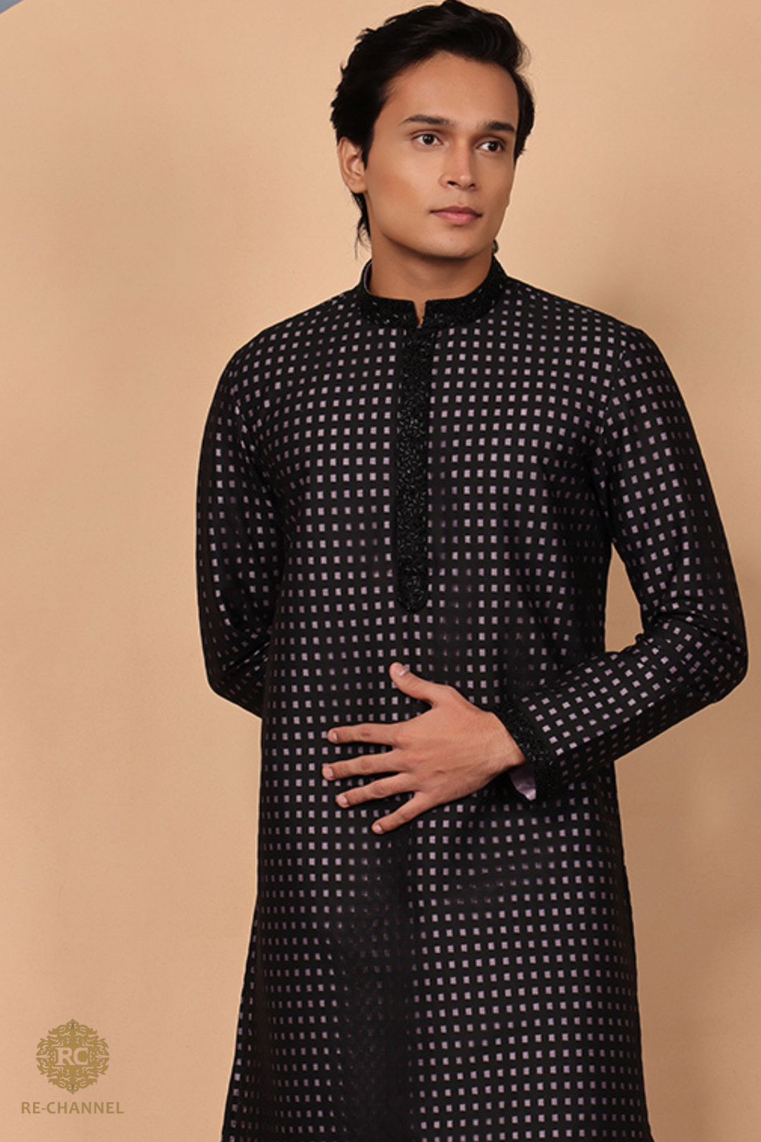 Black Brasso Kurta with Contrast Lilac Lining