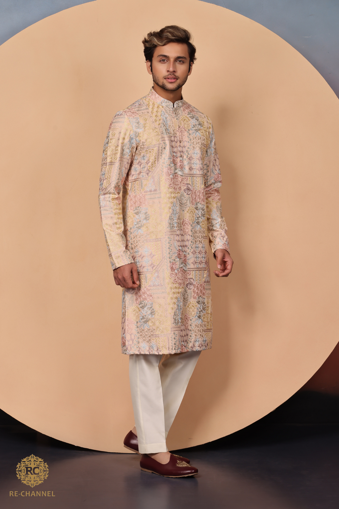 Beige Silk Abstract Thread Work Kurta Set