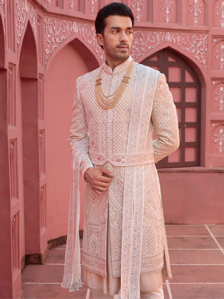 Light Gold Silk Cutwork Sherwani