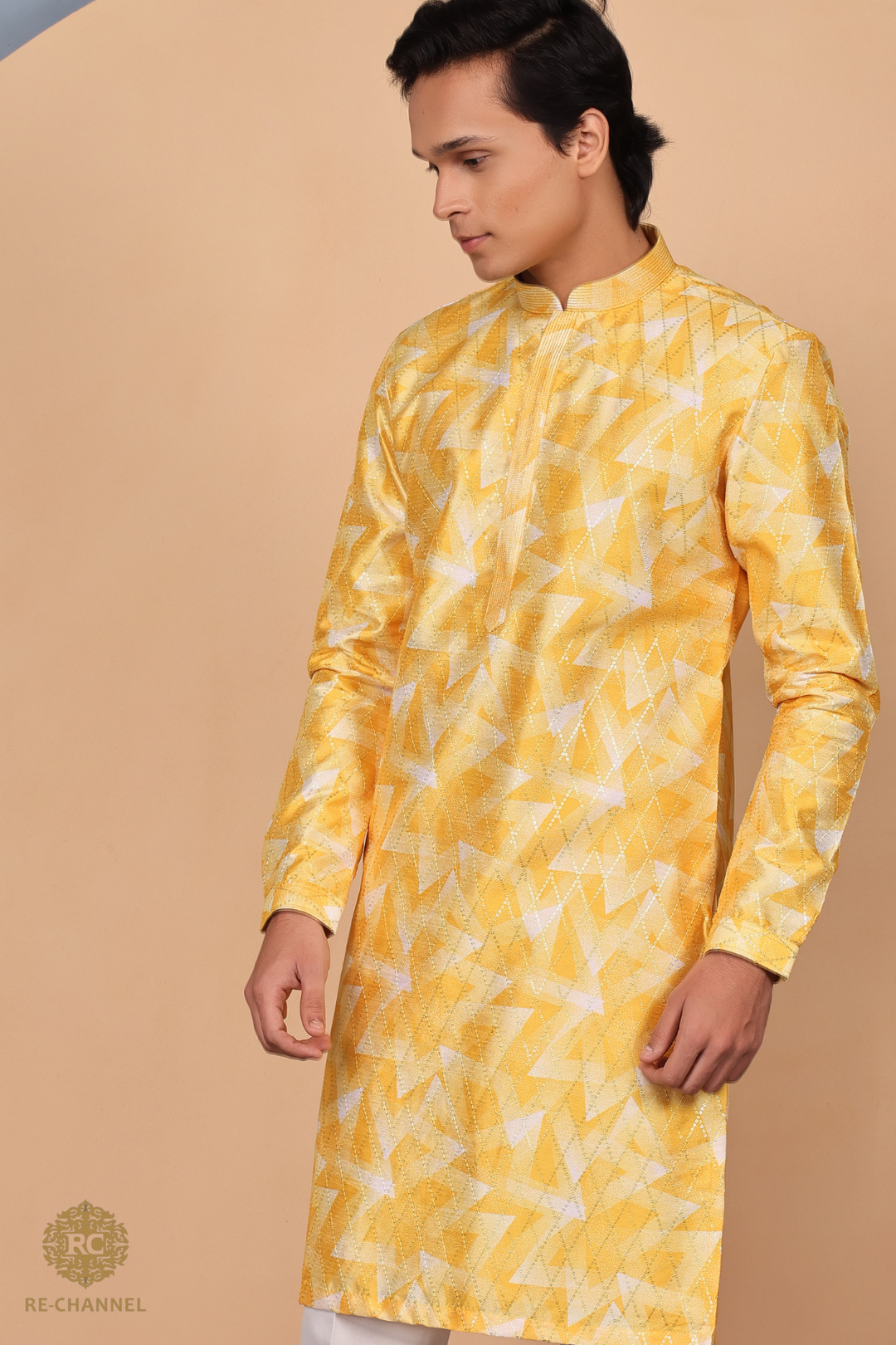Yellow Silk Geometric Print Kurta Set