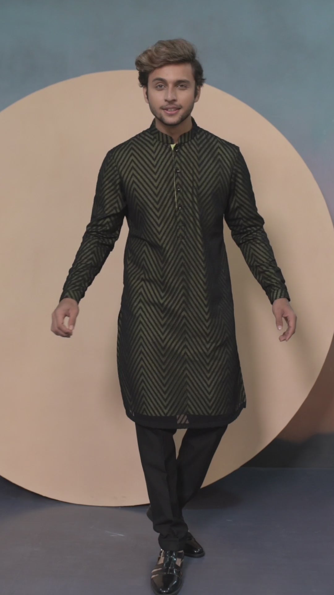 Black Brasso Kurta with Contrast Lime Lining