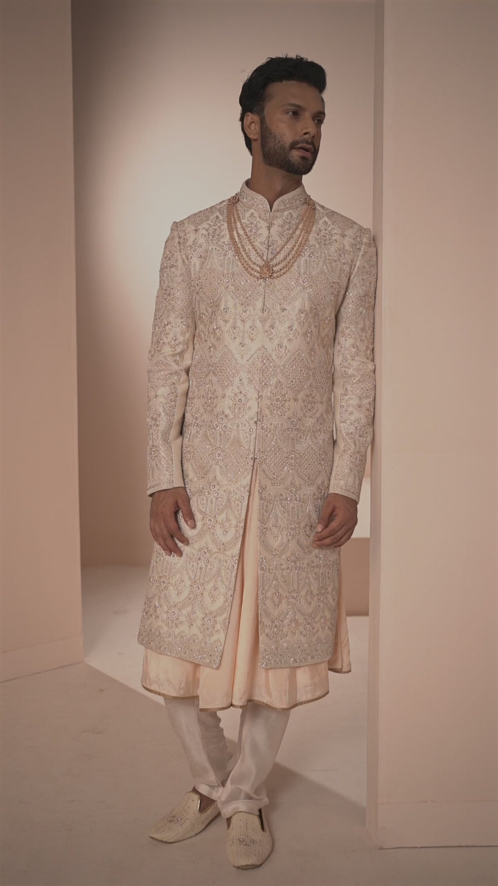Gold and Light Peach Chandelier Motif Sherwani