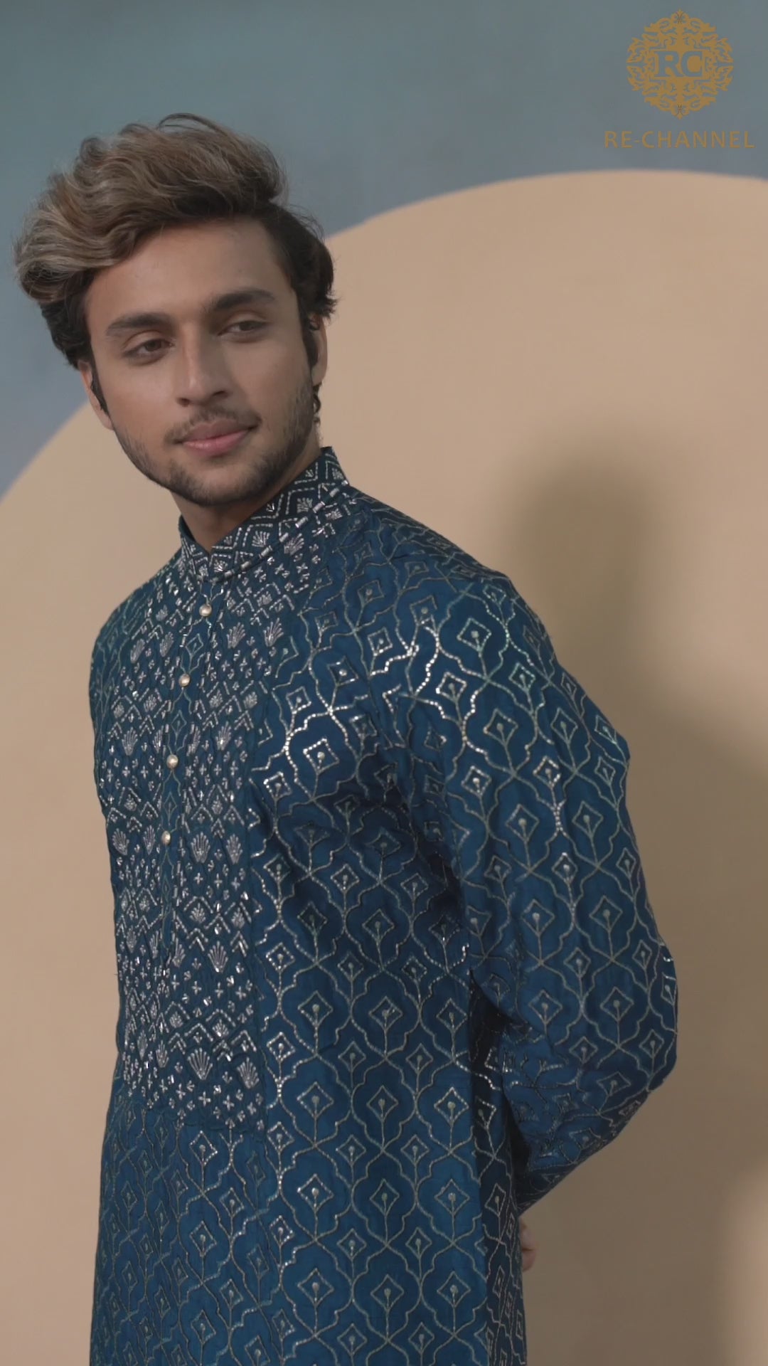 Teal Blue Zari & Thread work Kurta in Silk