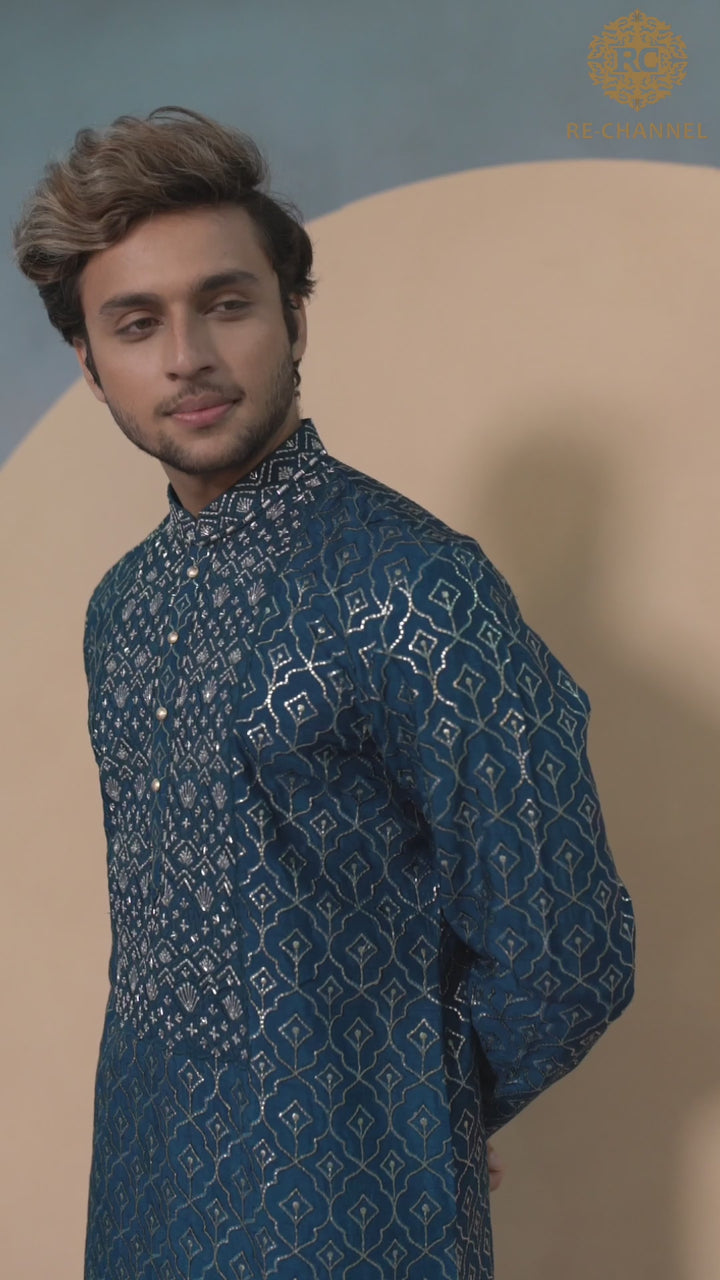 Teal Blue Zari & Thread work Kurta in Silk