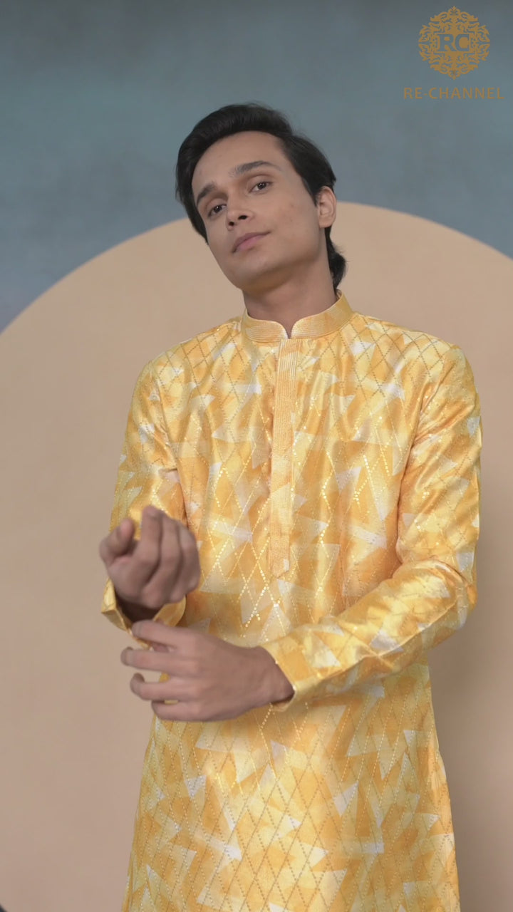 Yellow Silk Geometric Print Kurta Set