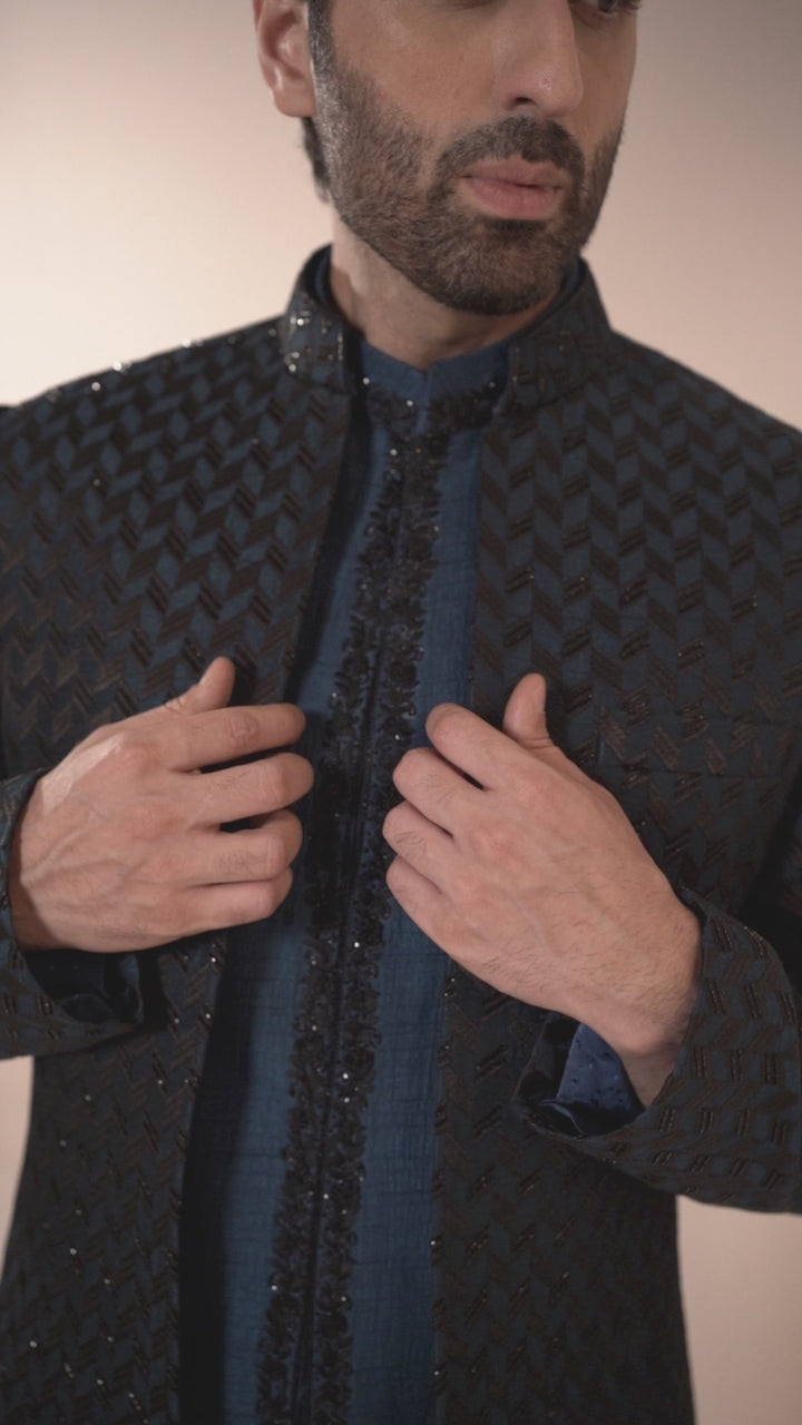 Teal Blue Embroidered Indo-Western