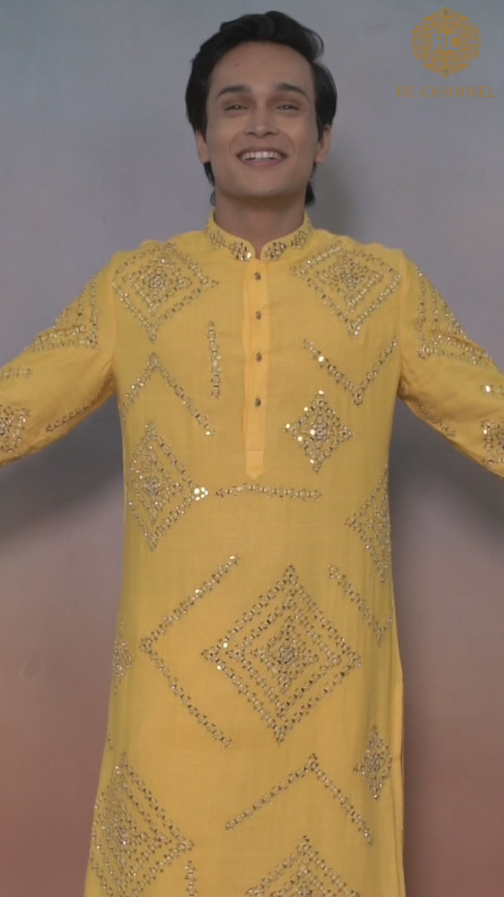 Sun Yellow Mirror work Kurta Set