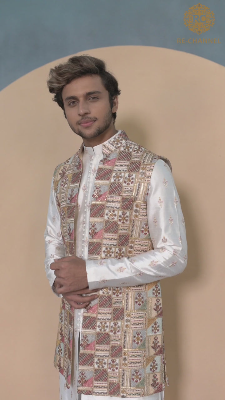 Embroidered Long Bandi with White Kurta