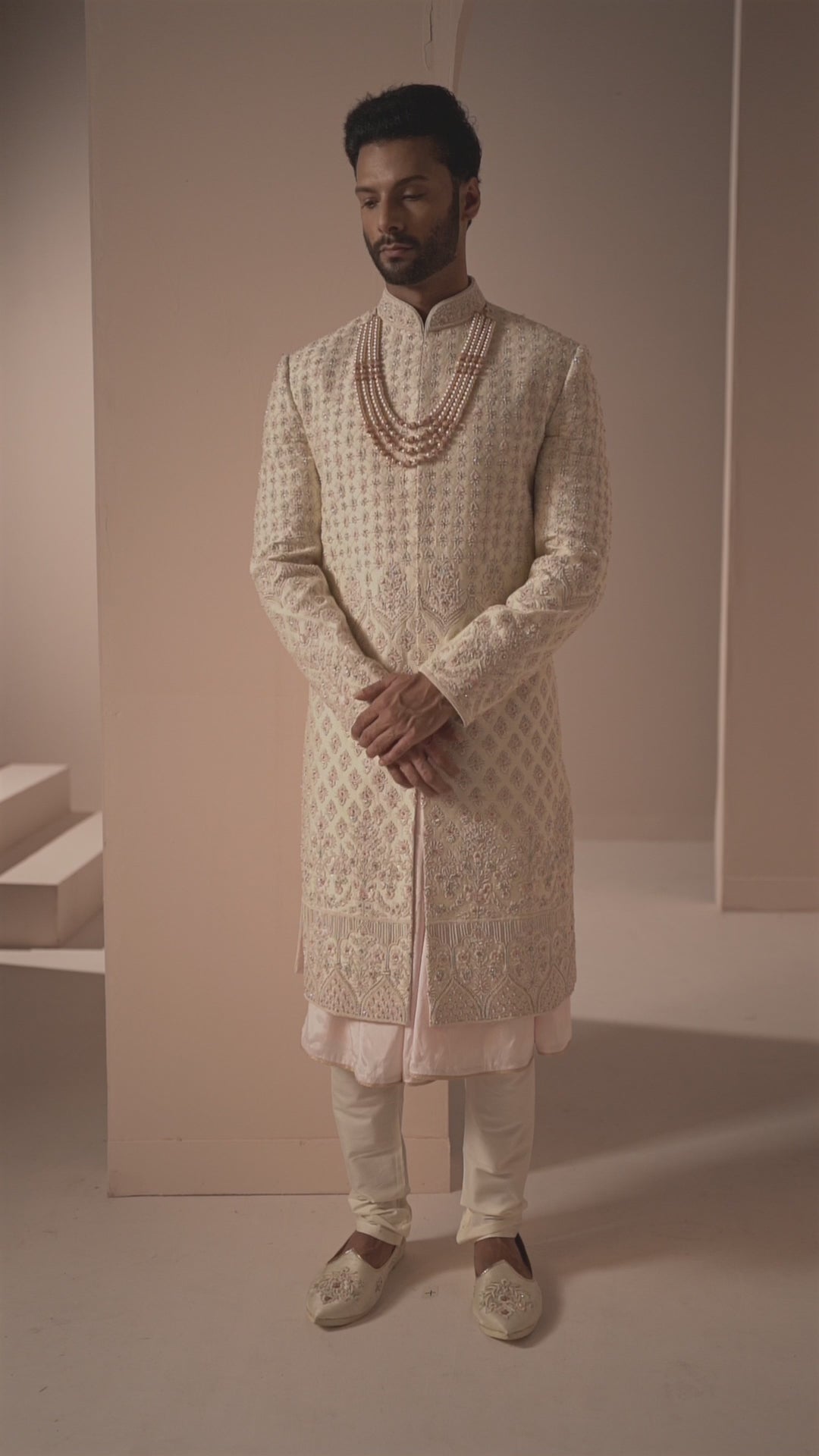 Cream Silk Sherwani in Symmetric Floral Motifs