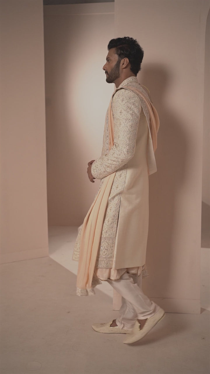 Light Gold Silk Sherwani in Symmetric Floral Motfis
