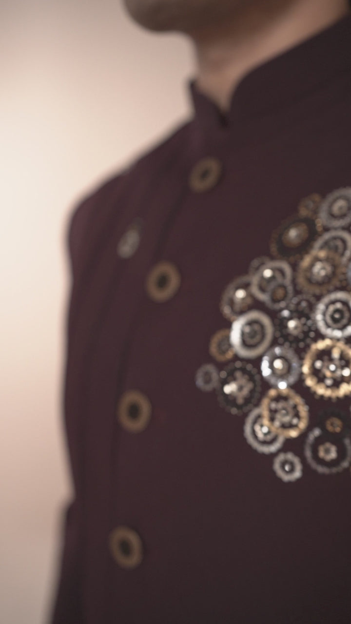 Wine Indo-Western with Placement Bead & Sequin Work