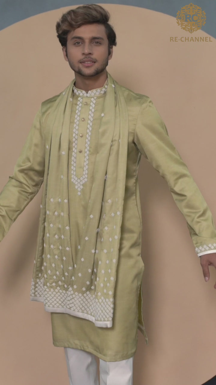 Green Raw Silk Bead Work Kurta set with dupatta
