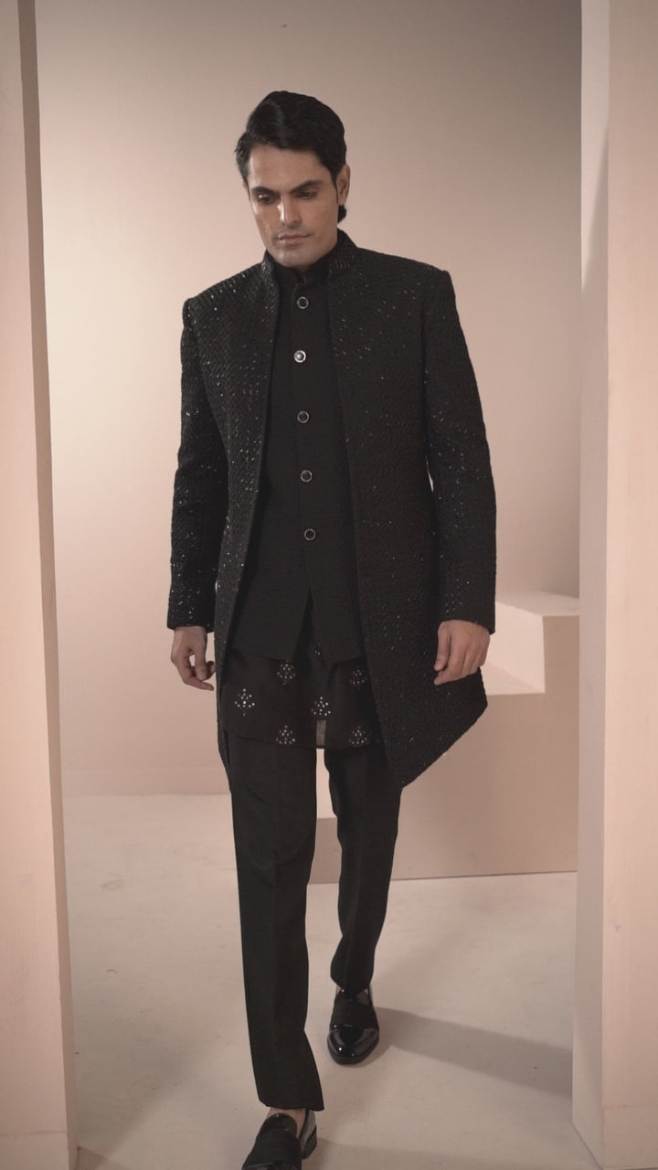 Black Indo- Western Lucknowi Jacket & Bandi with Kurta