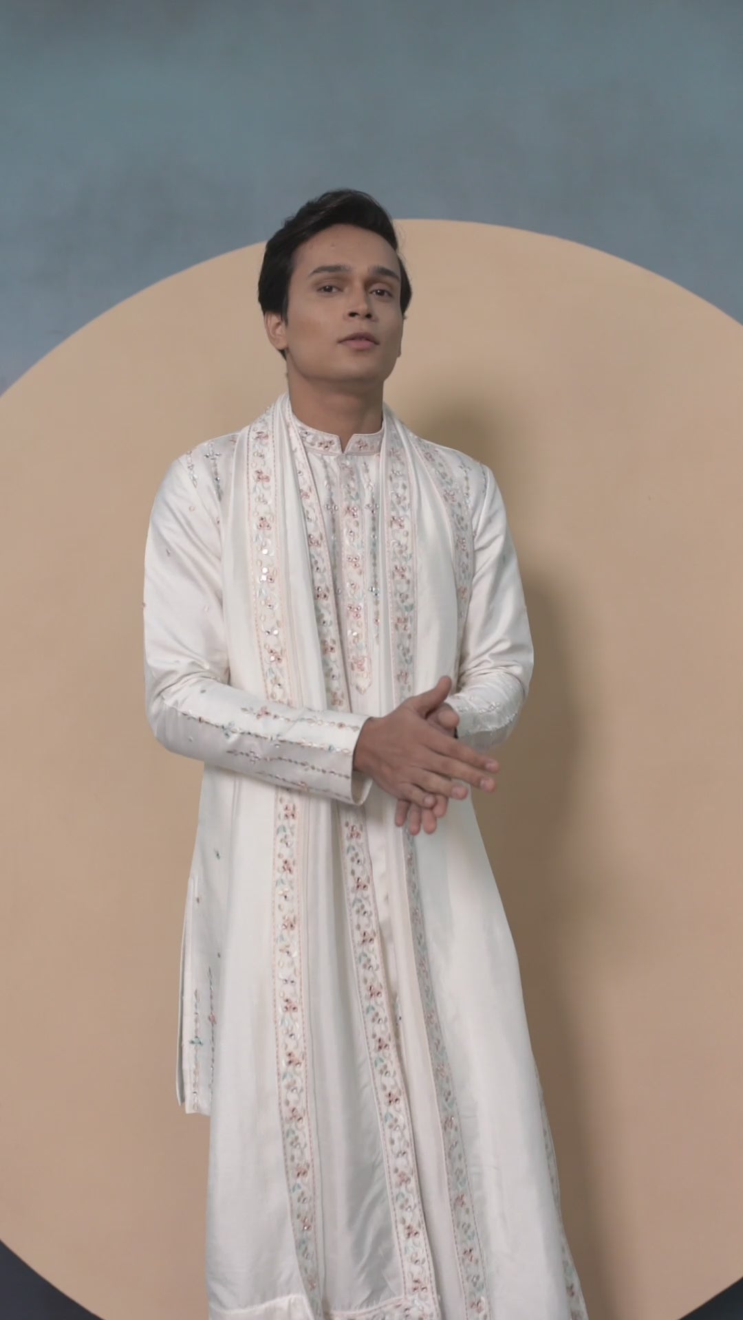 Off White Mirror work Silk Kurta Set with Dupatta