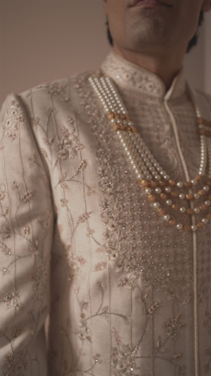 Ivory Silk Sherwani in Zari, Jaal & Floral Work